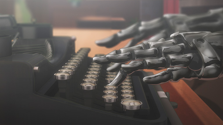 Violet Evergarden’s metal prosthetic hands on a typewriter; official television episode 2 still