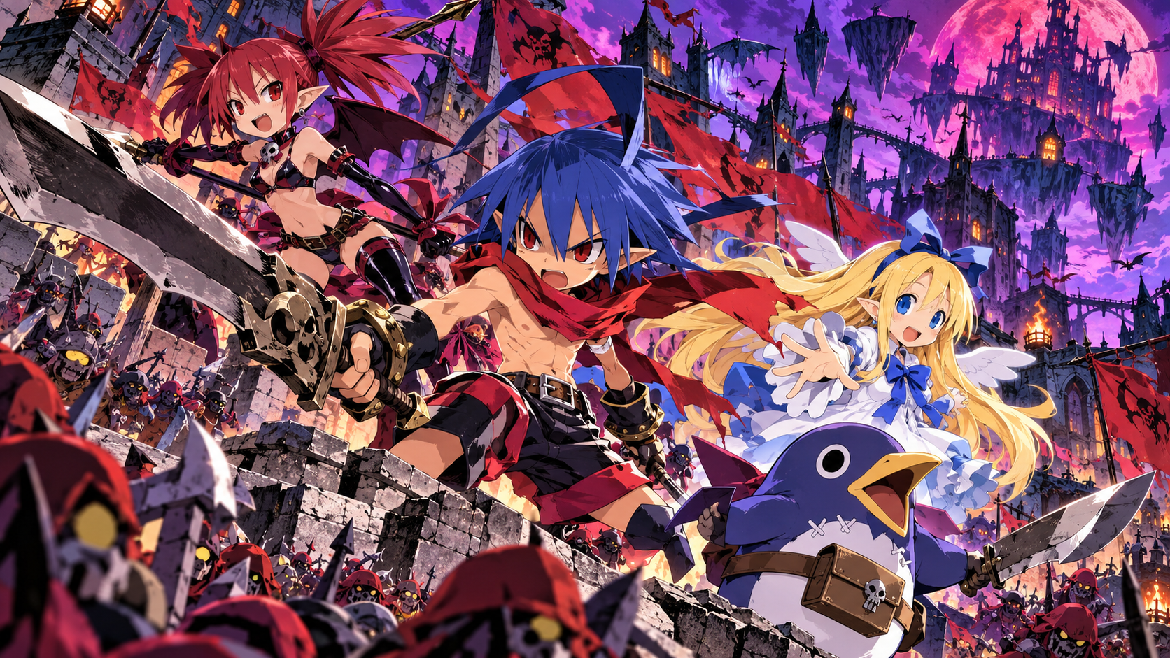 Original fan illustration of Laharl, Etna, Flonne and a Prinny in a Netherworld battle